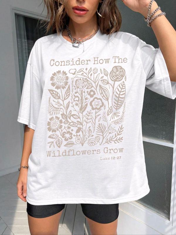 Women's Floral & Letter Print Round Neck Graphic Tee, Vintage Trendy Casual Drop Shoulder Half Sleeve T-shirt for Daily Wear, T Shirts for Women, Ladies Summer Outfit