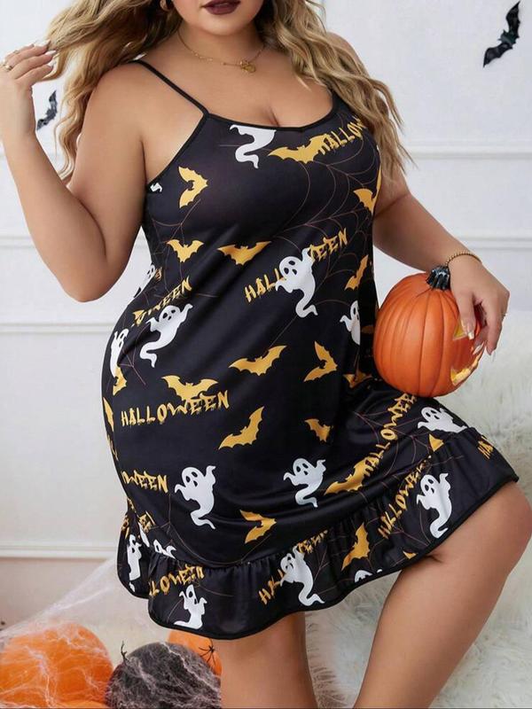  Contrast Binding Ruffle Hem Cami Nightdress, Cute Casual Halloween Themed Cartoon Ghost Print Spaghetti Strap Nightgown for All Seasons, Women's Plus Sleepwear for Daily Wear