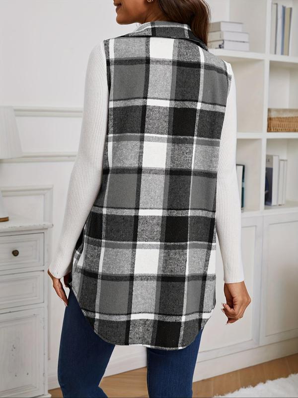 Women's Plaid Print Button Front Vest Coat, Casual Pocket Design Collared Waistcoat for Fall, Fall Outfits, Fashion Women's Clothing for Daily Wear, Fall Outfits, Fallfreshness for Birthday Gifts