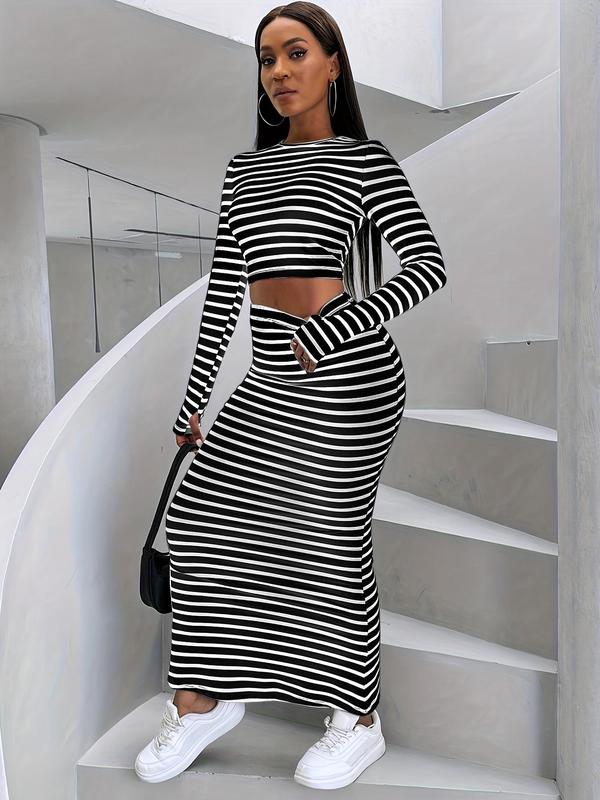 Womenswear Two-piece Set Women's Striped Print Long Sleeve Crop Top & Mermaid Skirt Two-piece Set, Comfort Round Neck Top & High Waist Skirt for Daily Wear, Ladies Fall Clothes, Matching Sets, Two Piece Set Women, Fall Clothing Women