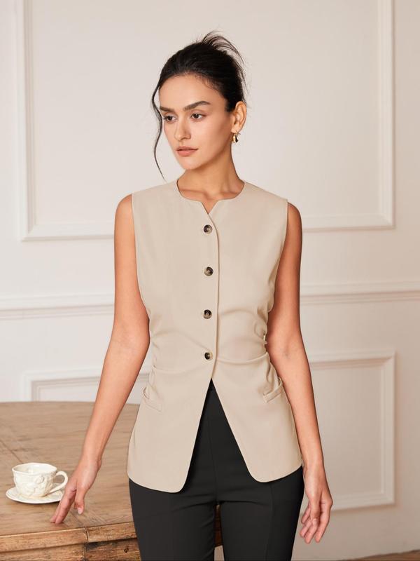 Women's Solid Color Notched Neck Button Front Vest Blazer,  Going Out Tops, Casual Sleeveless Outerwear for Work Office Business, Ladies Clothes for All Seasons