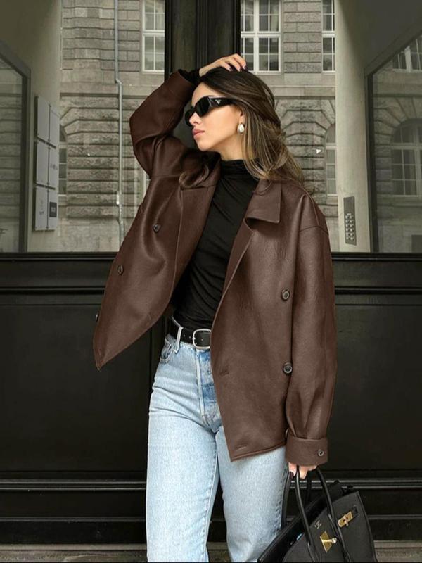 Women's Solid Double Button Pocket Lapel PU Leather Coat, Street Fashion Casual Drop Shoulder Long Sleeve Outerwear for Daily Outdoor Wear, Women Clothing for Fall & Winter