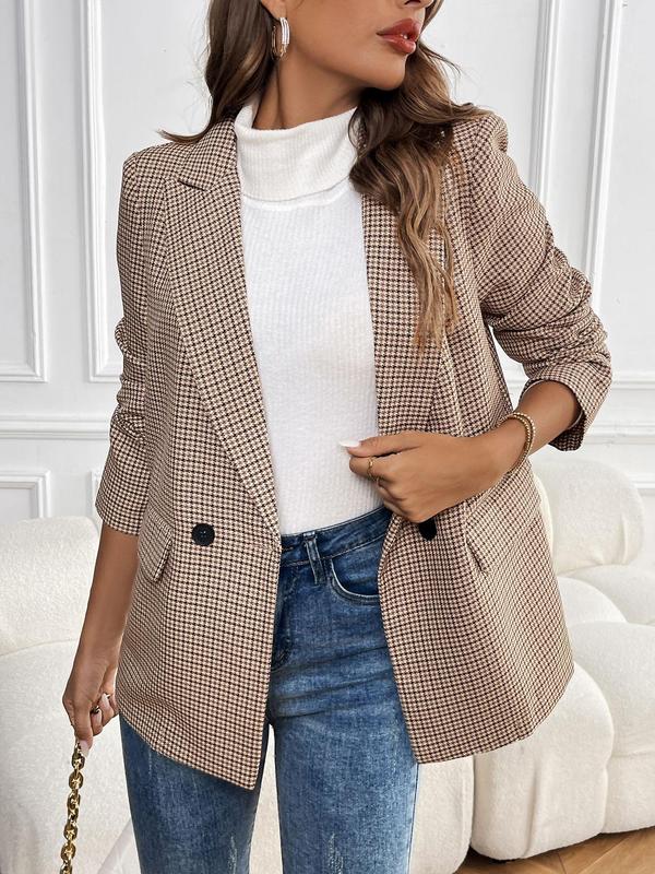 Women's Gingham Print Button Pocket Lapel Blazer, Casual Long Sleeve Outerwear for Fall & Winter, Ladies Clothes for Work Office Business