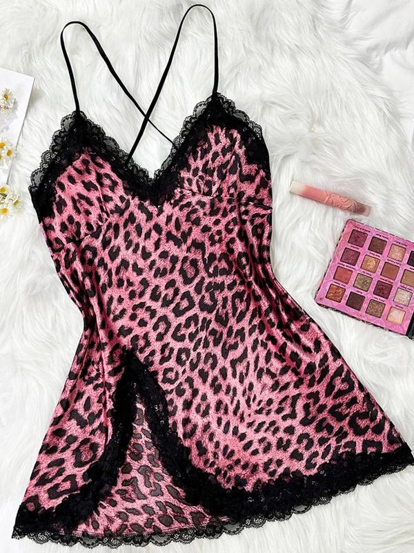 Women's Leopard Print Contrast Lace Criss Cross Backless Cami Nightdress PJ, Dresses for Women, Summer Clothes Women, Soft Satin Split Thigh Spaghetti Strap Nightgown Nighties, Women's Sleepwear for Summer, Vacation Wear Vacation Wear