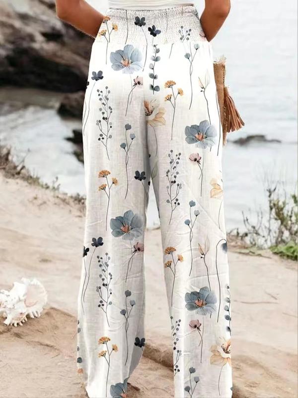 Women's Comfort Floral Print Pocket Shirred Waist Wide Leg Pants, Boho Casual High Waist Trousers for Beach Vacation Holiday, Ladies Bottoms Womenswear  for All Seasons