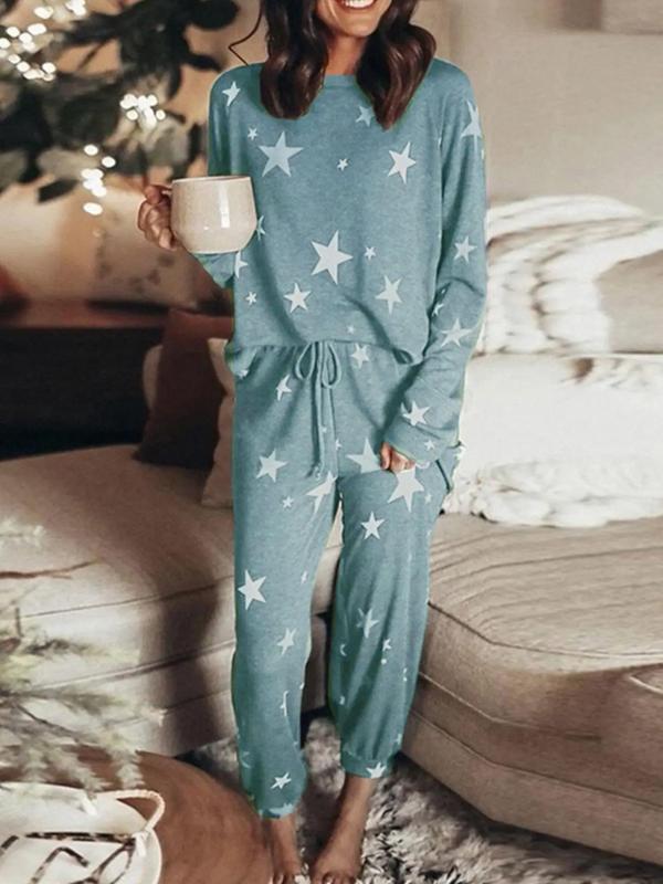 Women's Christmas Theme Star Print Raglan Sleeve Top & Tie Front Pants Loungewear Two-piece Set, Casual Comfy Round Neck Long Sleeve Top & Trousers Pj Set, Ladies Sleepwear for Fall & Winter