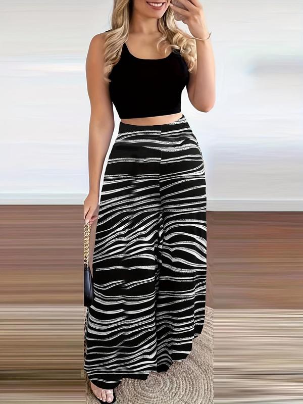 Women's Leopard Print Pants Set, Casual Scoop Neck Crop Tank Top & Random & High Waist Wide Leg Pants, Ladies Summer Clothes