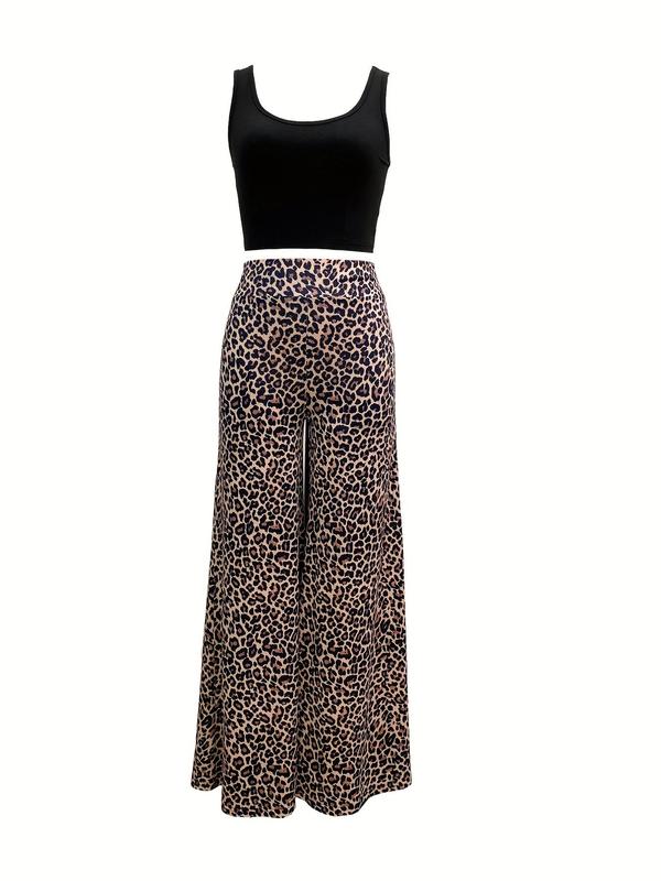 Women's Leopard Print Pants Set, Casual Scoop Neck Crop Tank Top & Random & High Waist Wide Leg Pants, Ladies Summer Clothes