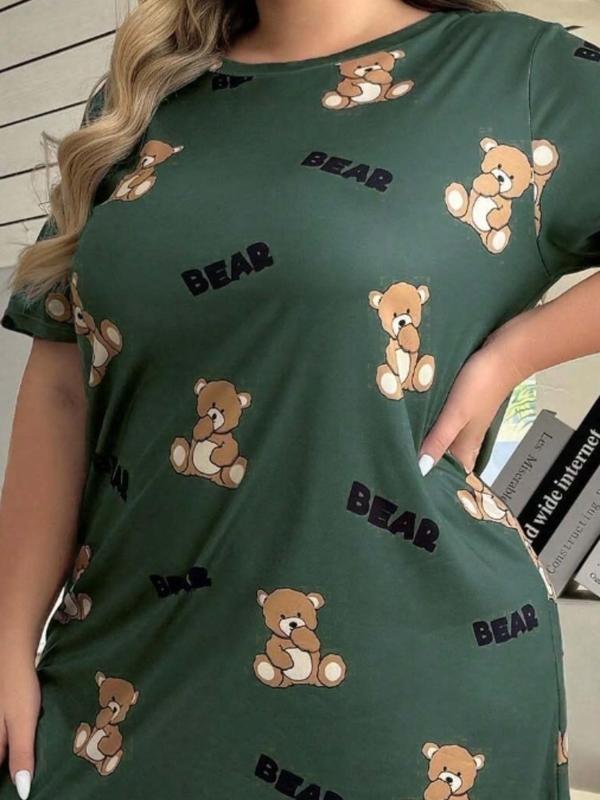 Plus Size Cartoon Bear & Letter Print Drop Shoulder Nightdress, Casual Soft Comfortable Round Neck Short Sleeve Nightgown For Women, Women's Sleepwear For All Seasons