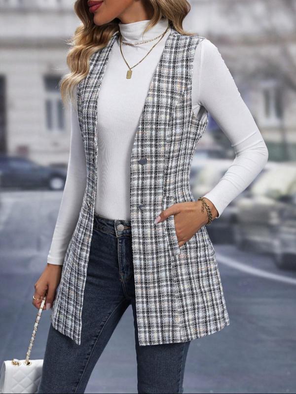 Women's Plaid Print Button Pocket V Neck Suit Vest, Casual Sleeveless Open Front Outerwear for Spring & Fall, Coats for Winter Women 2024, Ladies Clothes for Daily Wear