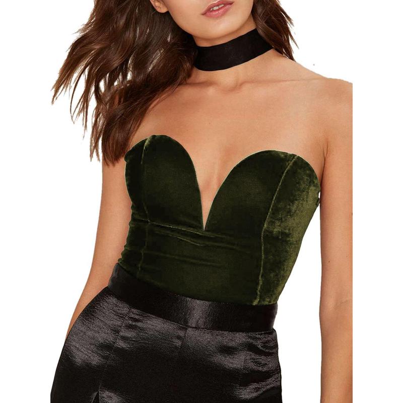 Women's Strapless Bodysuit, Sexy Deep V Neck Cross Back Velvet Bodycon Leotard Top Premier Blind Fabric Womenswear bodycon bodysuit