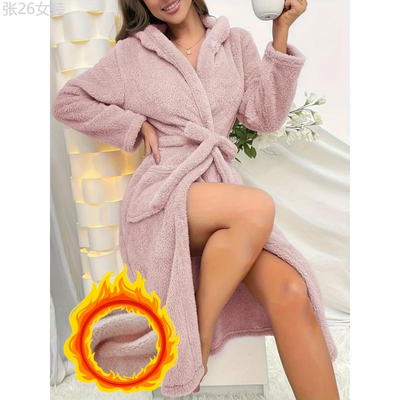 Solid Fuzzy Hooded Night Robe, Cute Long Sleeve Robe With Pockets & Belt, Women's Sleepwear