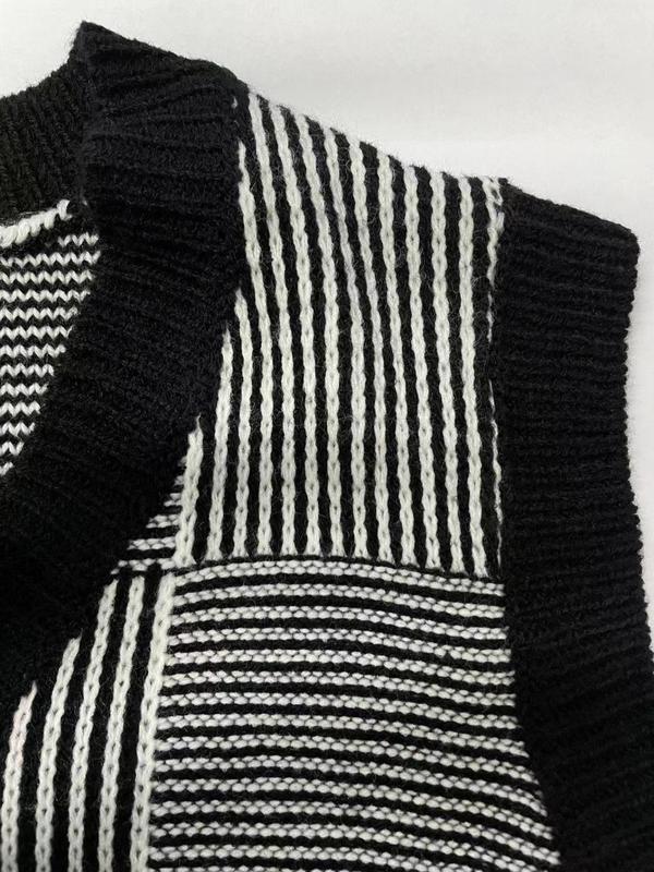 Women's Patchwork Striped Print Contrast Binding Sweater Vest, Casual V Neck Sleeveless Knitwear Top for Fall & Winter, Ladies Clothes for Daily Wear