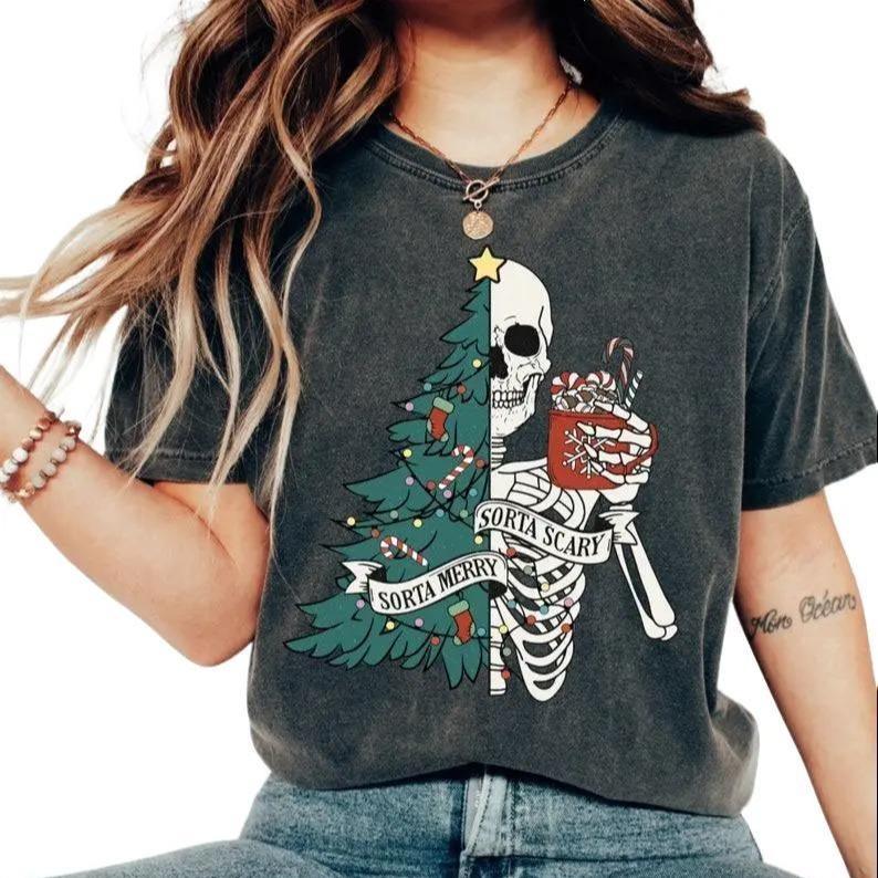 Sorta Merry Sorta Scary T-Shirt, Funny Christmas Shirt, Cute Spooky Season Tee, New Year Shirt, Graphic Tee, Trending Tee