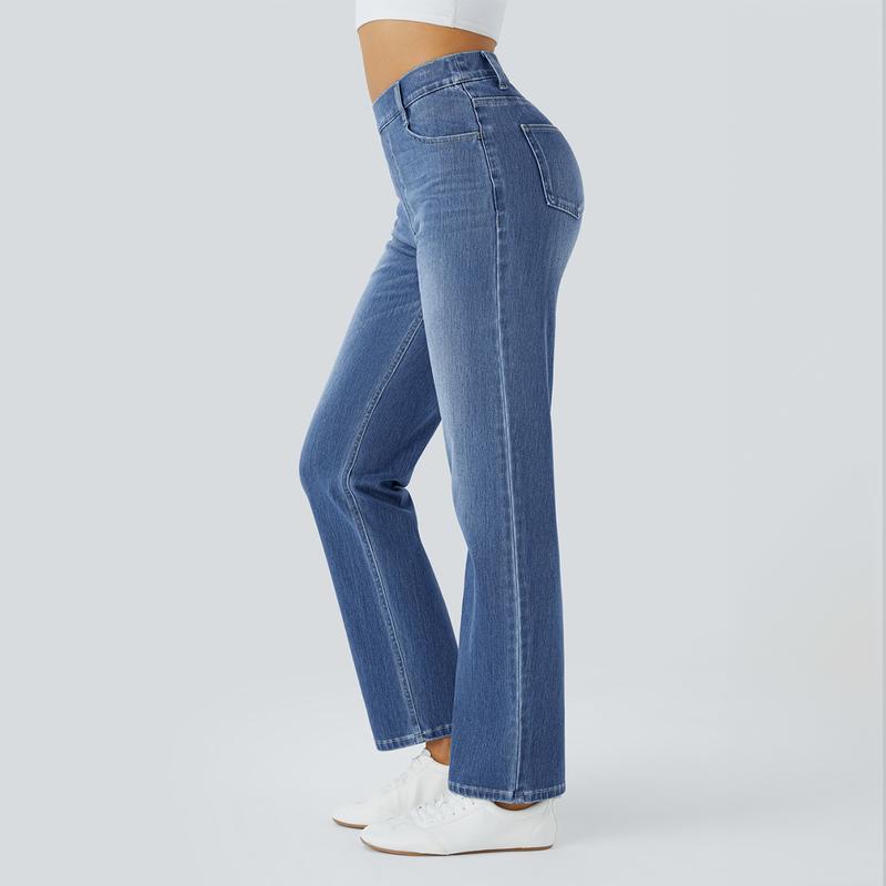 Halara HalaraMagic™ High Waisted Multiple Pockets Straight Leg Washed Stretchy Knit Casual Jeans