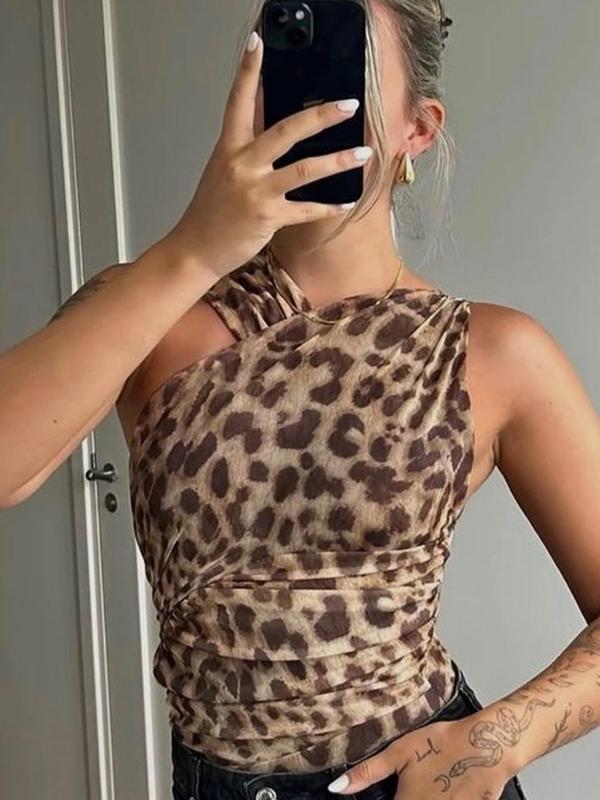 Women's Leopard Print Asymmetrical Neck Ruched Mesh Bodysuit, Fashion Casual Sleeveless Bodysuit for Summer, Ladies Clothes for Holiday Party Club, Bodysuits for Women,  Black Girl Outfits