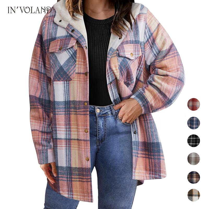 Holiday haul IN'VOLAND Plus Size Women Flannel Plaid Shacket Jacket Long Sleeve Button Down Fleece Hooded Jackets Fall Winter Coat Casual Cotton Fabric Womenswear Basic Bodycon