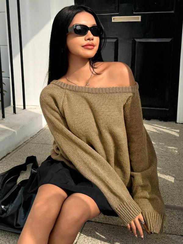 Women's Solid Raglan Sleeve Boat Neck Sweater, Casual Long Sleeve Jumper for Fall & Winter, Fashion Ladies' Knitwear for Daily Wear, Fall Sweaters, Sweater for Women