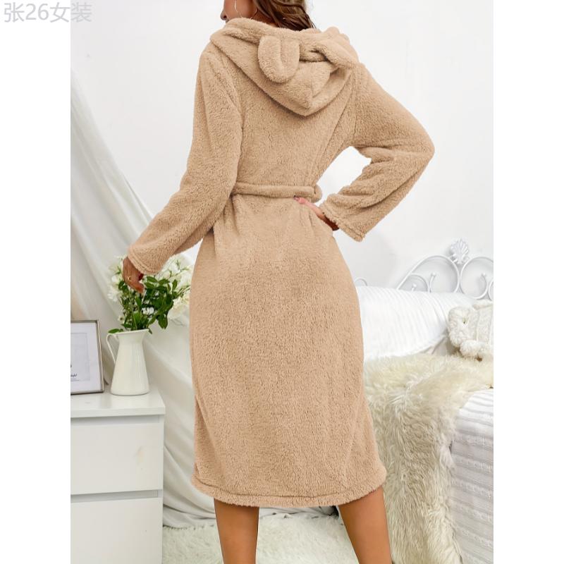 Solid Fuzzy Hooded Night Robe, Cute Long Sleeve Robe With Pockets & Belt, Women's Sleepwear