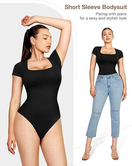 Lover-Beauty Bodysuit Shirts for Women Short Sleeve Tummy Control Thong Shapewear