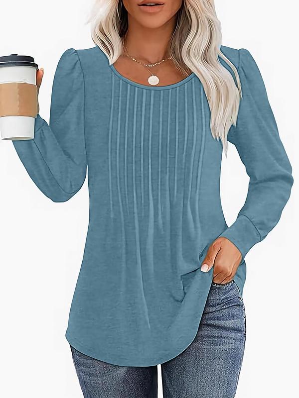 Women's Plain Pleated Bishop Sleeve Sweater, Casual Long Sleeve Round Neck Jumper for Fall & Winter, Fashion Ladies' Knitwear for Daily Wear