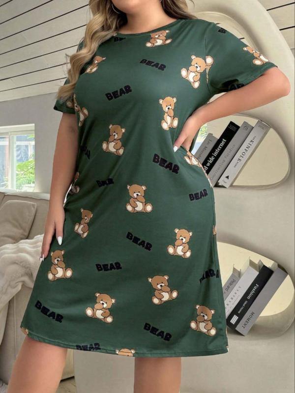 Plus Size Cartoon Bear & Letter Print Drop Shoulder Nightdress, Casual Soft Comfortable Round Neck Short Sleeve Nightgown For Women, Women's Sleepwear For All Seasons