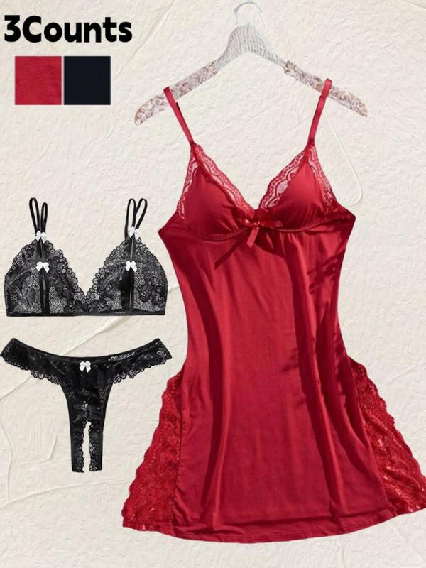 Women's Contrast Lace Hem Cami Nightdress & Sheer Bra & Panty Sexy Three-piece Set, Adjustable Spaghetti Strap Split Hem Nightgown & Bow Decor Bra & Open Crotch Panty Set, Women's Sleepwear for All Seasons