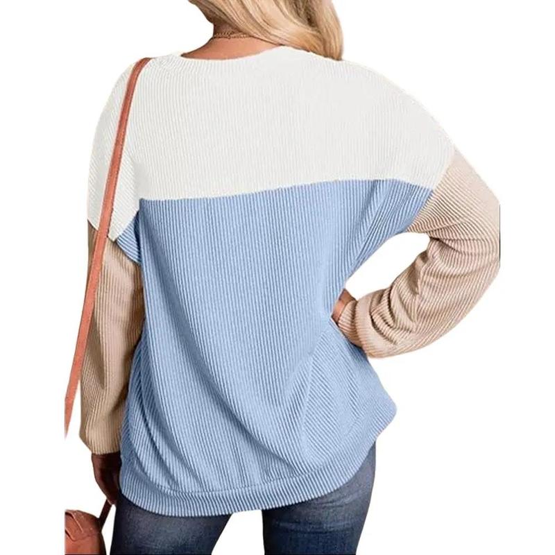 Womens Fashion Color Block Long Sleeve Crewneck Knitted Casual Loose Pullover Shirts Tops Spring Womenswear Denim Elastic