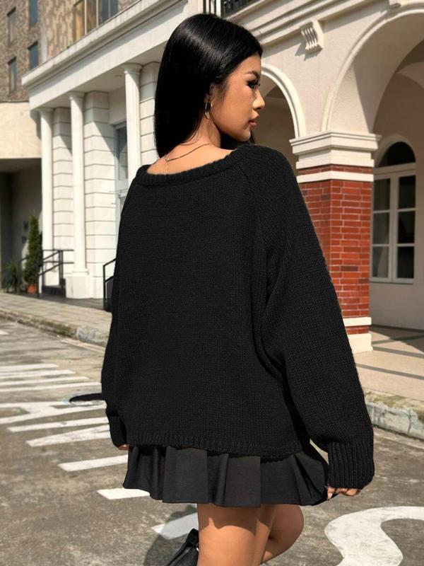 Women's Solid Raglan Sleeve Boat Neck Sweater, Casual Long Sleeve Jumper for Fall & Winter, Fashion Ladies' Knitwear for Daily Wear, Fall Sweaters, Sweater for Women