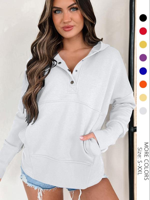 Women's Plain Pocket Button Drop Shoulder Hoodie, Casual Long Sleeve Hooded Pullover for Daily Wear,  Hoodies for Women,  Ladies Clothes for Fall