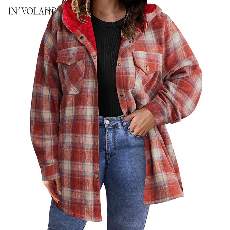 Holiday haul IN'VOLAND Plus Size Women Flannel Plaid Shacket Jacket Long Sleeve Button Down Fleece Hooded Jackets Fall Winter Coat Casual Cotton Fabric Womenswear Basic Bodycon