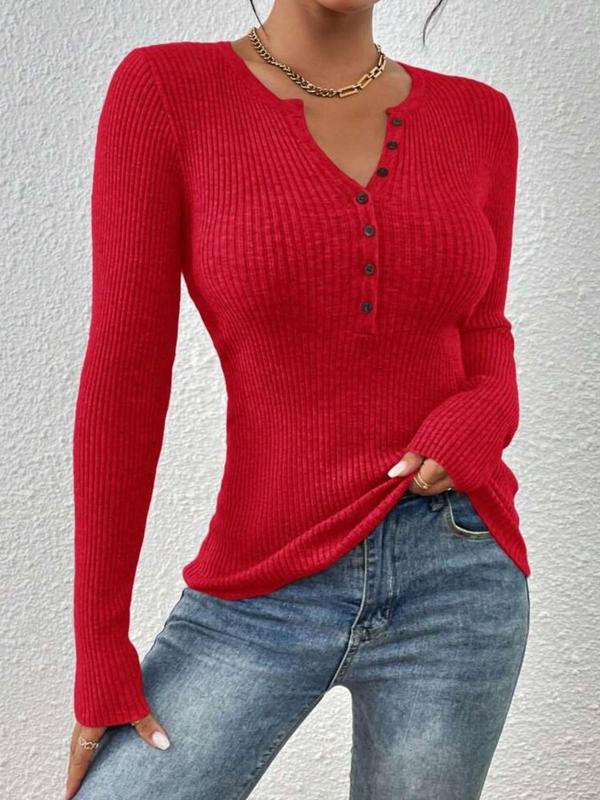 Women's Plain Button Front Ribbed Sweater, Elegant Long Sleeve Round Neck Jumper for Fall & Winter, Fashion Ladies' Knitwear for Daily Wear, Fall Sweaters, Sweater for Women