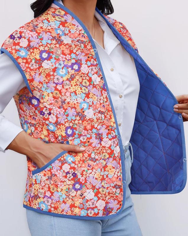 MEROKEETY Cap Sleeve Quilted Vest Floral Print Lightweight Sleeveless Open Front Cardigan Outwear