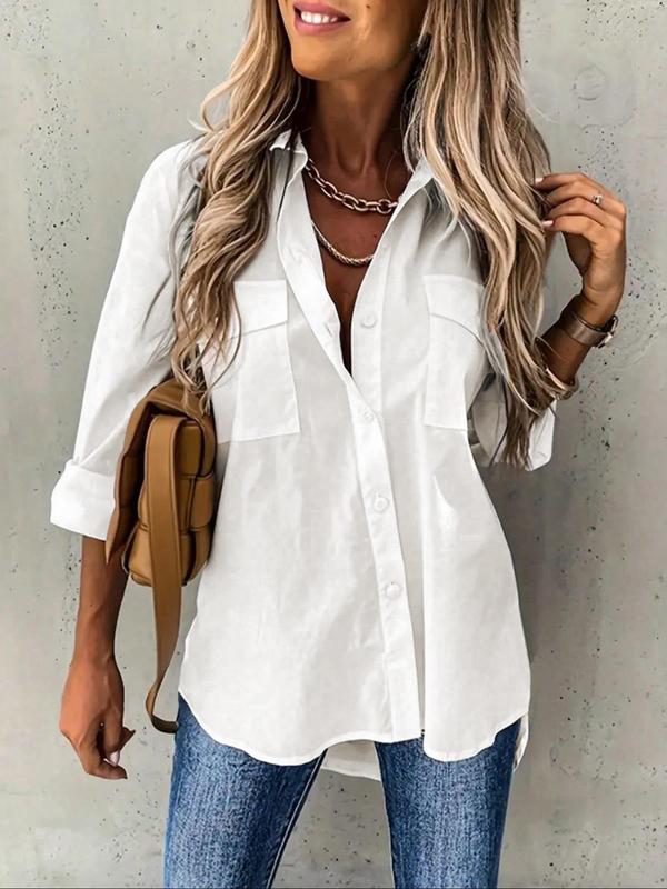 Women's Plain Button Front Pocket Shirt, Casual Drop Shoulder Long Sleeve Blouse Top for Spring & Fall, Women's Clothing for Daily Wear