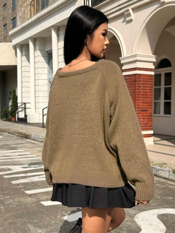 Women's Solid Raglan Sleeve Boat Neck Sweater, Casual Long Sleeve Jumper for Fall & Winter, Fashion Ladies' Knitwear for Daily Wear, Fall Sweaters, Sweater for Women