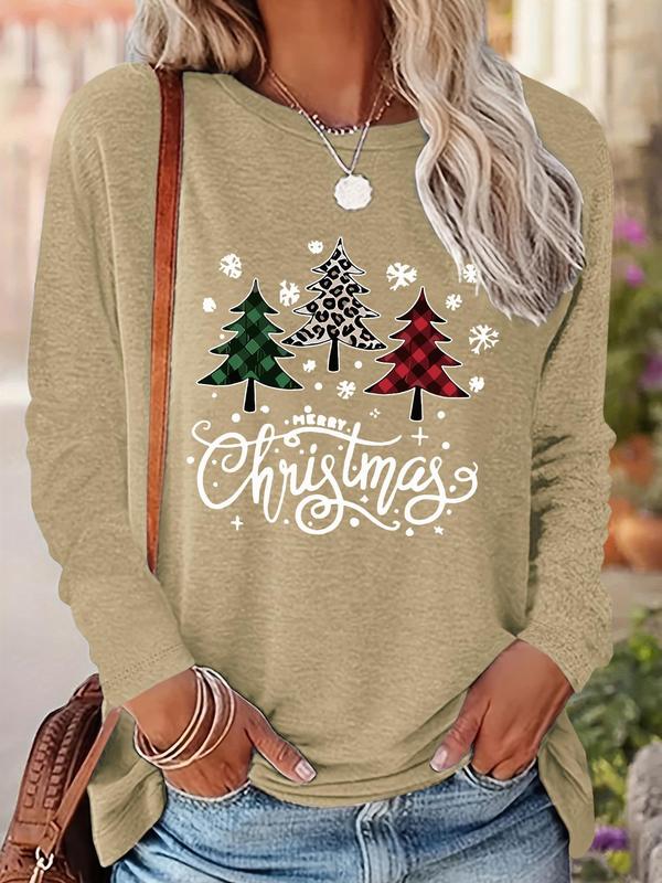 Women's Christmas Tree & Letter Print Drop Shoulder Tee, Casual Long Sleeve Round Neck Pullover for Daily Wear, Ladies Fall & Winter Clothes