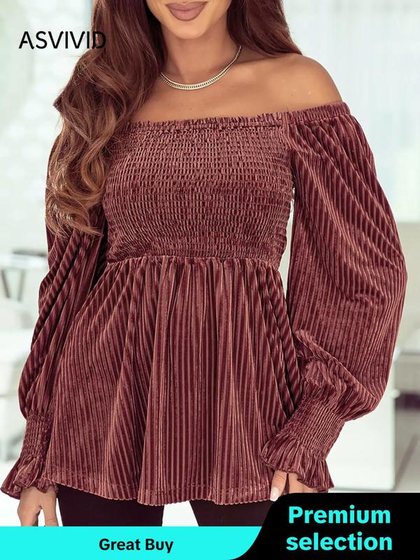 Women's Off Shoulder Shirred Frill Trim Peplum Top, Casual Peplum Flounce Sleeve Knitwear for Spring & Fall, Fashion Women's Clothing for Daily Wear