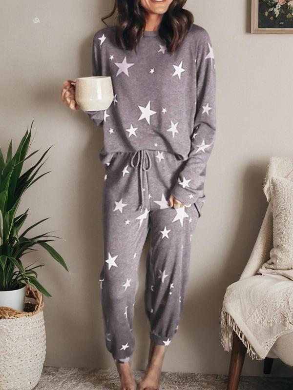 Women's Christmas Theme Star Print Raglan Sleeve Top & Tie Front Pants Loungewear Two-piece Set, Casual Comfy Round Neck Long Sleeve Top & Trousers Pj Set, Ladies Sleepwear for Fall & Winter