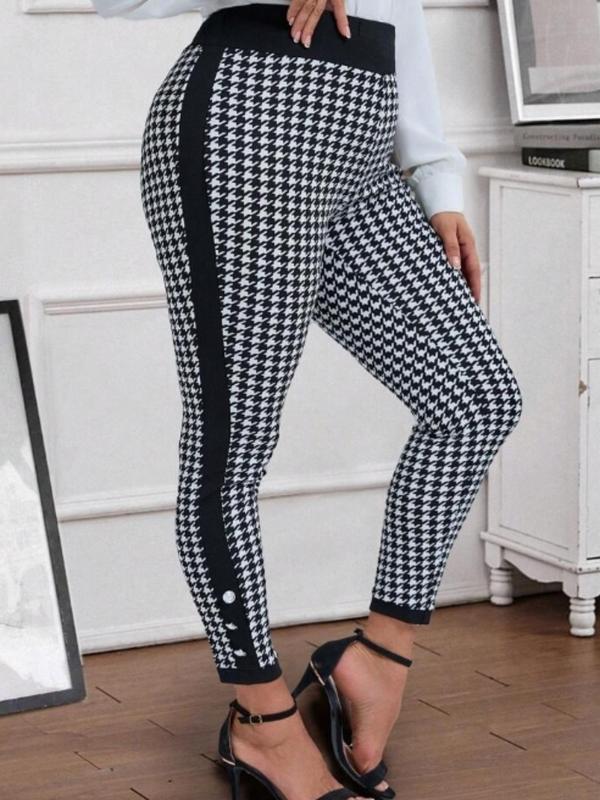  Houndstooth Print Side Stripe Button Leggings, Casual Comfy Skinny Pants for Daily Wear, Women's Bottoms for Spring & Fall