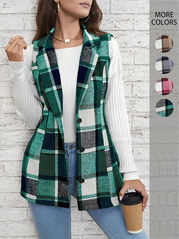 Women's Plaid Print Button Front Vest Coat, Elegant Womenswear Lapel Neck Sleeveless Outerwear, Comfortable Graphic Jackets, Lady Casual Wear Outfit, Winter Clothes Women