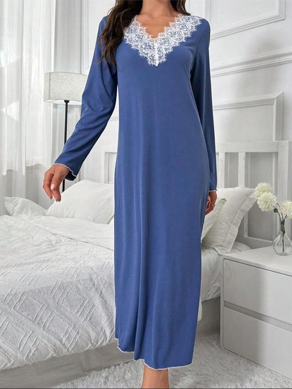 Women's Contrast Lace V Neck Nightdress, Casual Long Sleeve Nightgown for Spring & Fall, Ladies Sleepwear for Indoor Wear