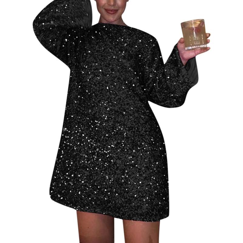 Women's Round Neck Long Sleeve Shiny Sequin Dress Loose Plus Size Sexy Sequin Short Dress  Backless Bowknot Sexy Cute Party Dress, S-3XL