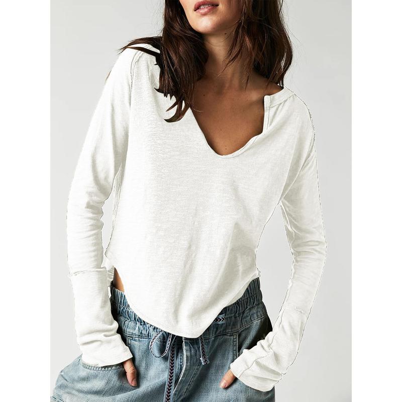 Casual Women Autumn Solid Color Long Sleeve V Neck Pullover Loose Blouse Top Soft Long-Sleeved Women's T-Shirt With V-Neck size