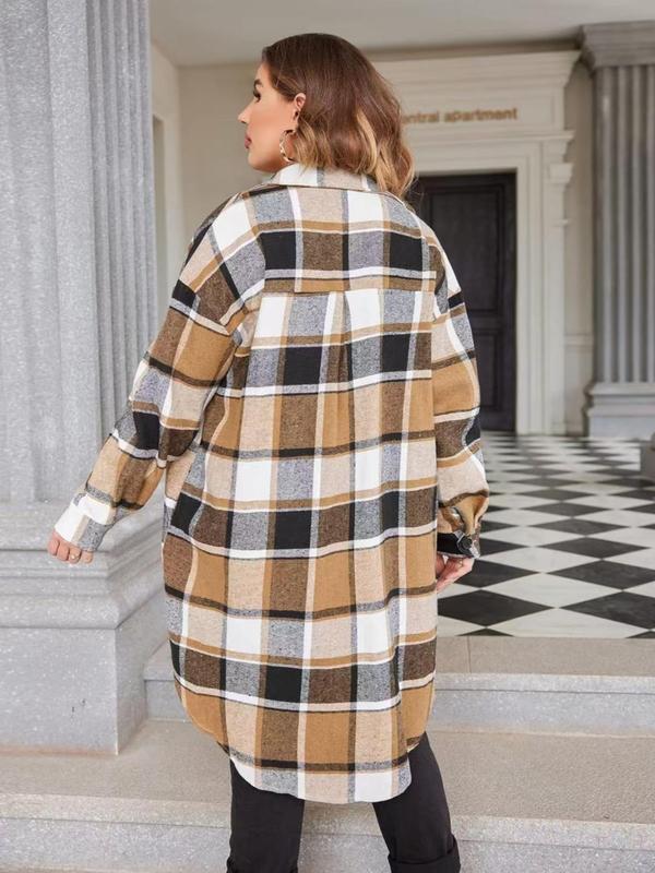  Tartan Print Button Front Flap Pocket Flannel Coat, Casual Curved Hem Drop Shoulder Collared Outerwear for Fall & Winter, Coats for Women, Women's Clothes for Daily Wear, Christmas Coats for Winter Women 2024