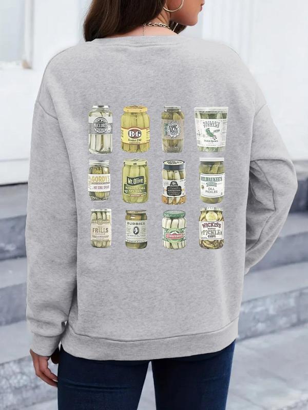 Women's Pickle Jar Print Drop Shoulder Sweatshirt, Casual Long Sleeve Round Neck Pullover for Fall & Winter, Ladies Clothes for Daily Wear