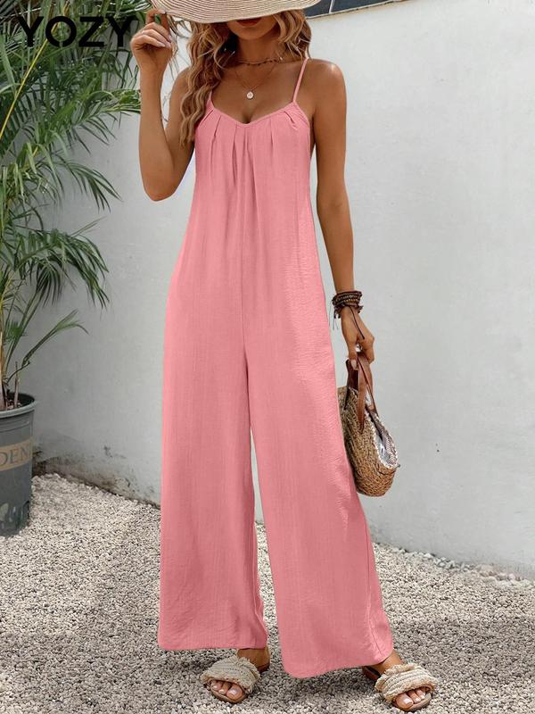 YOZY [5 Colors] Boho V Neck Pocket Wide Leg Jumpsuit  Plain Plicated Cami Jumpsuit, 2024 Women's Summer Outfits for Daily Wear