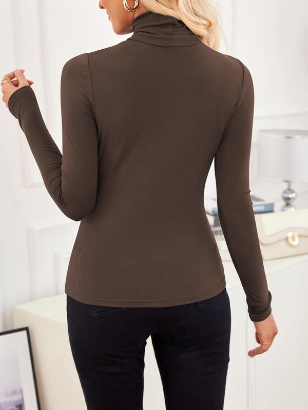 Women's Solid Long Sleeve High Neck Tee, Basic Casual Comfy T-shirt for Fall & Winter, Women's Clothing for Daily Wear