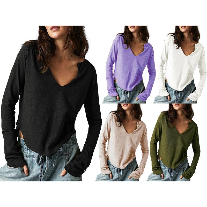 Casual Women Autumn Solid Color Long Sleeve V Neck Pullover Loose Blouse Top Soft Long-Sleeved Women's T-Shirt With V-Neck size