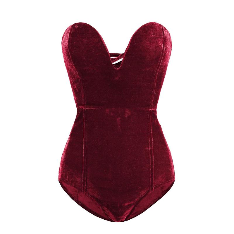 Women's Strapless Bodysuit, Sexy Deep V Neck Cross Back Velvet Bodycon Leotard Top Premier Blind Fabric Womenswear bodycon bodysuit