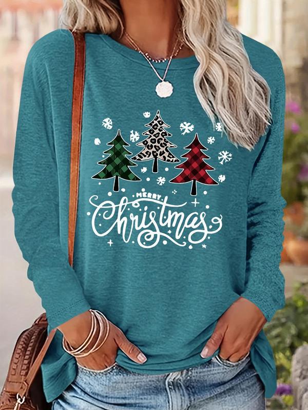 Women's Christmas Tree & Letter Print Drop Shoulder Tee, Casual Long Sleeve Round Neck Pullover for Daily Wear, Ladies Fall & Winter Clothes